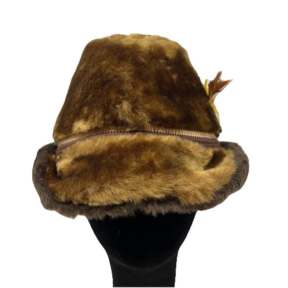 Faux Fur Vintage Fedora Alpine Hat Cap Ear Flaps Feather Brown Retro Made in USA - Picture 4 of 10